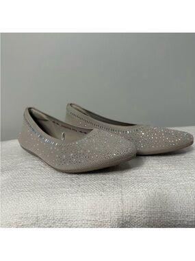 Skechers Cleo Rhinestone Knit Flats • Air Cooled Memory Foam • Taupe • Size 10